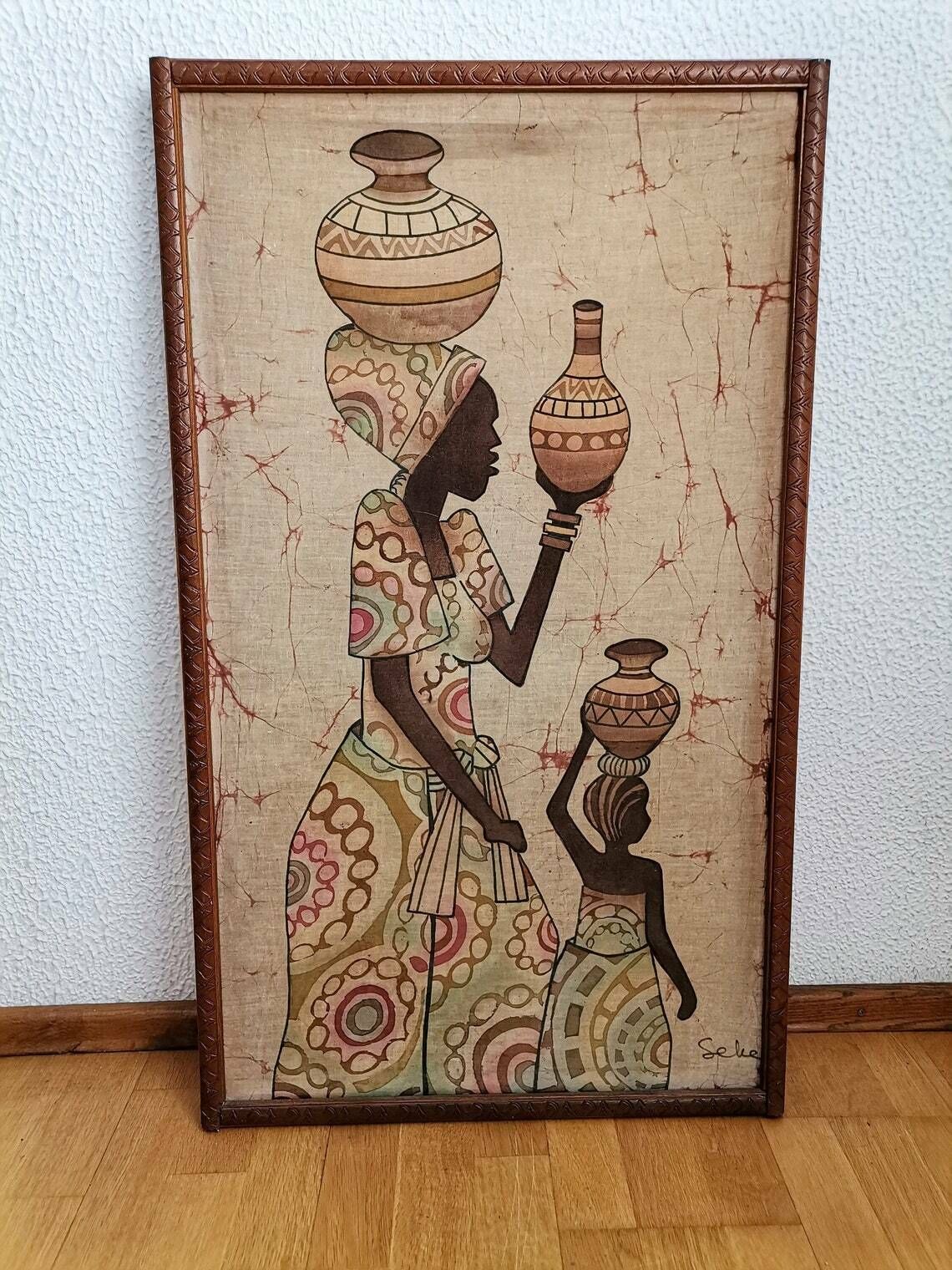 Authentic African Painting / Woman And Child / Etched Wooden Frame / Decoration / 20th Century photo for sale