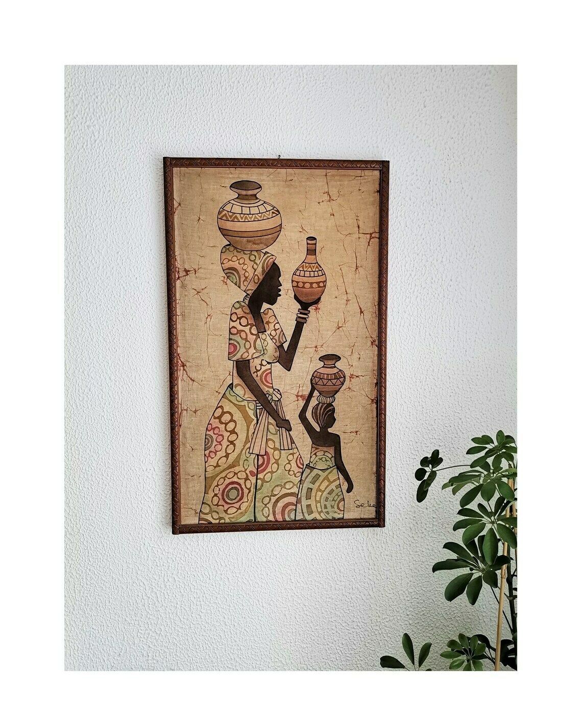 Authentic African Painting / Woman And Child / Etched Wooden Frame / Decoration / 20th Century photo furniture