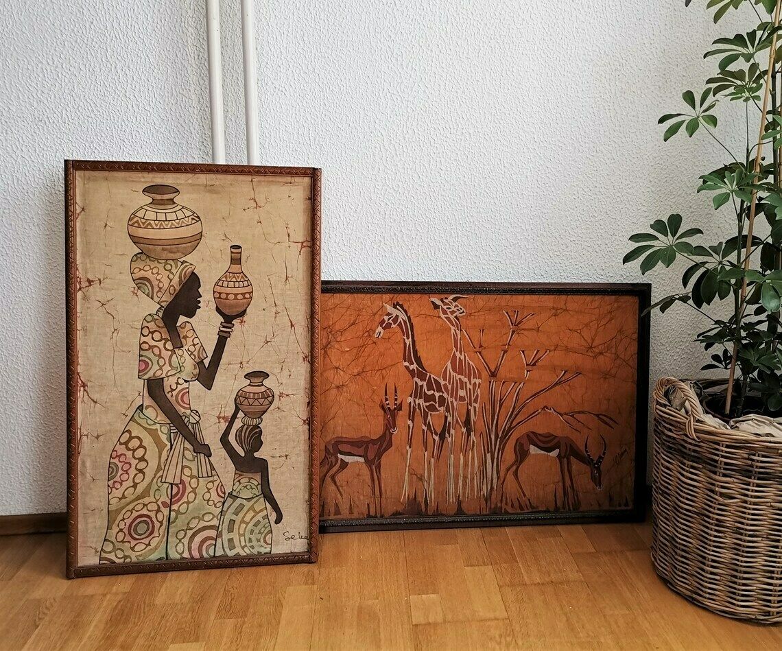 Authentic African Painting / Woman And Child / Etched Wooden Frame / Decoration / 20th Century photo buy