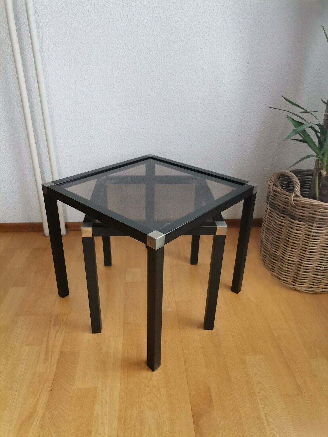 Vintage Nesting Tables / Metal Side Tables With Smoked Glass Tops / Industrial Style Coffee Table