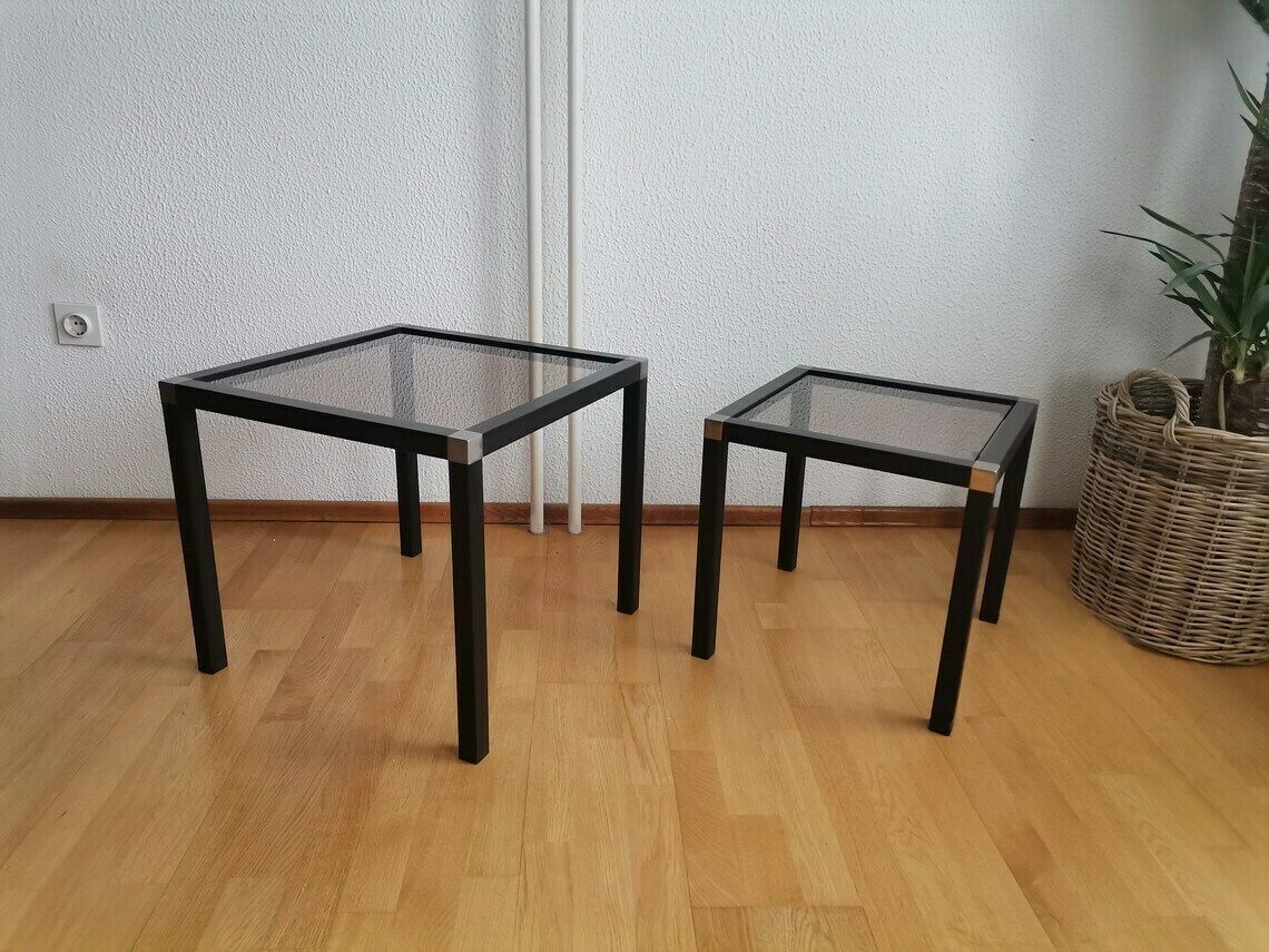 Vintage Nesting Tables / Metal Side Tables With Smoked Glass Tops / Industrial Style Coffee Table photo for sale