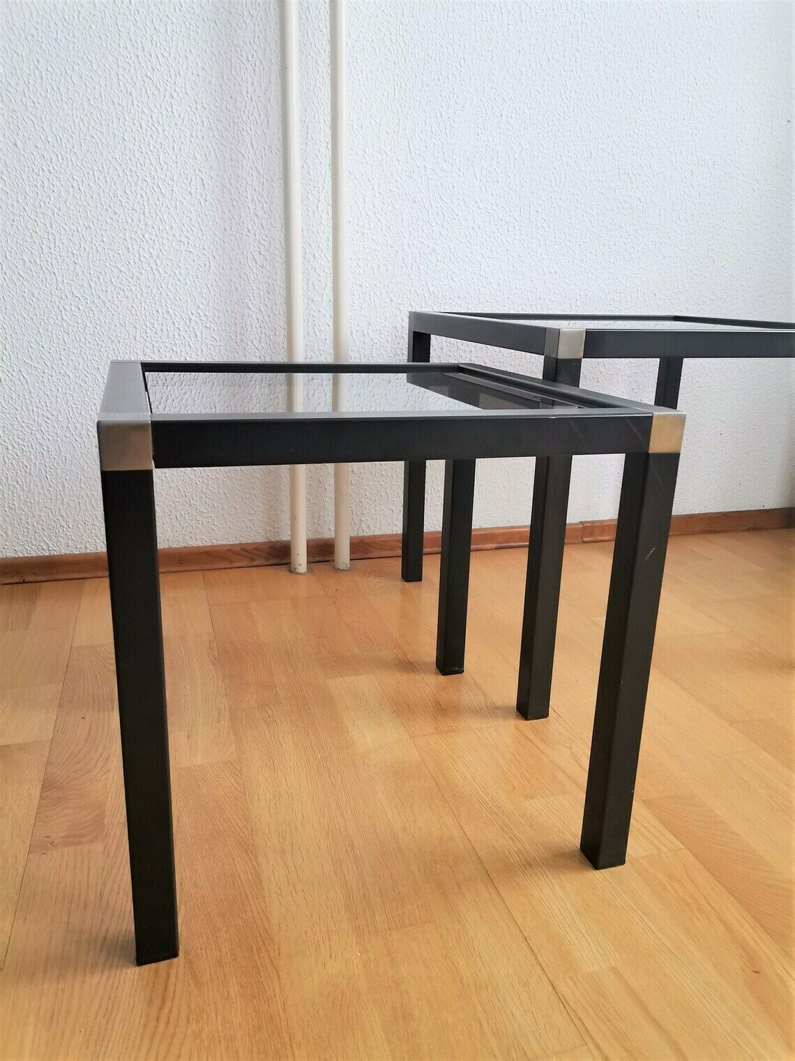 Vintage Nesting Tables / Metal Side Tables With Smoked Glass Tops / Industrial Style Coffee Table photo Furniture