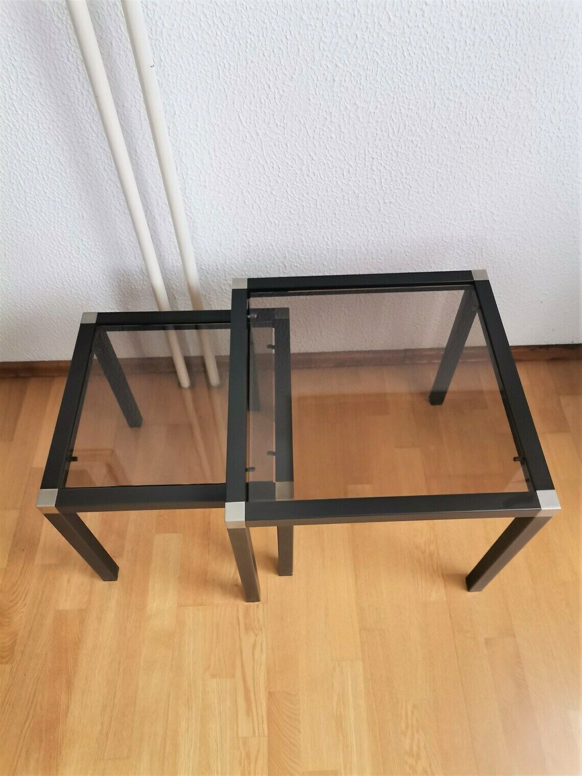 Vintage Nesting Tables / Metal Side Tables With Smoked Glass Tops / Industrial Style Coffee Table photo 250.0