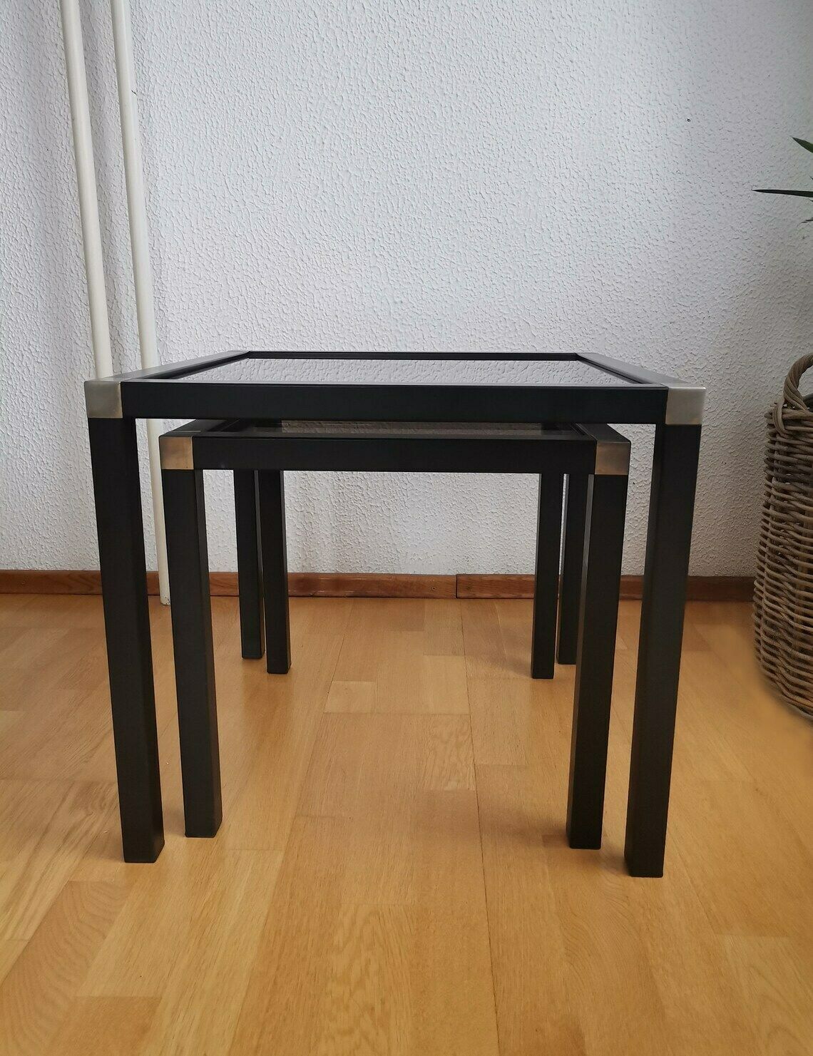 Vintage Nesting Tables / Metal Side Tables With Smoked Glass Tops / Industrial Style Coffee Table photo buy
