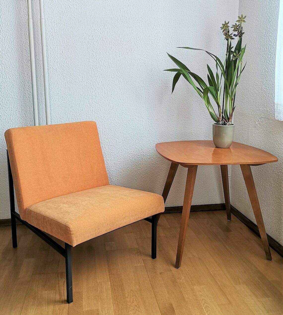 1 Of 4 Vintage Lounge Chairs / Pastel Peach Fabric / Industrial Style Metal Frame / 60s Lounge Chair Or Office Chair photo furniture