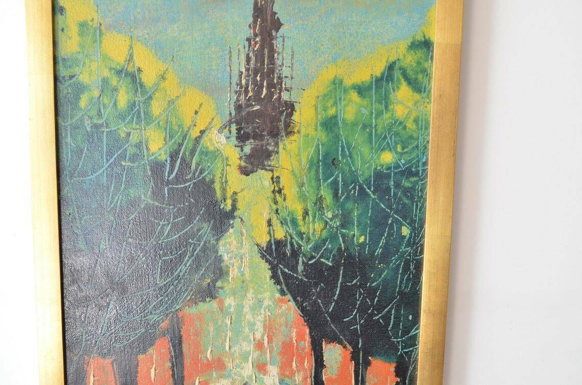 Vintage Midcentury Semi Abstract Cityscape Oil Painting, 1970s photo Art