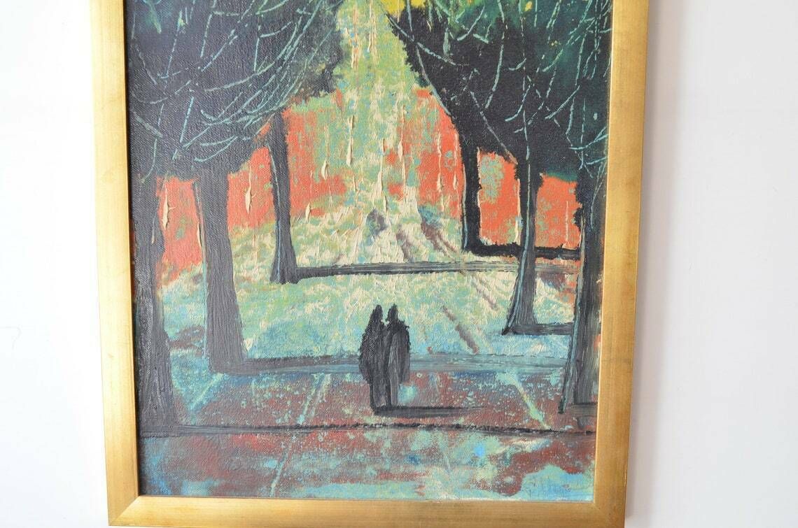 Vintage Midcentury Semi Abstract Cityscape Oil Painting, 1970s photo 196.0