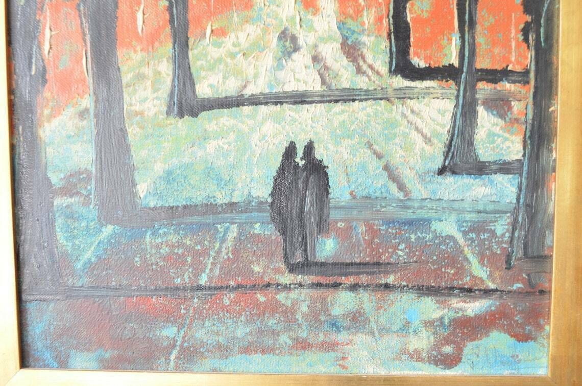 Vintage Midcentury Semi Abstract Cityscape Oil Painting, 1970s photo buy