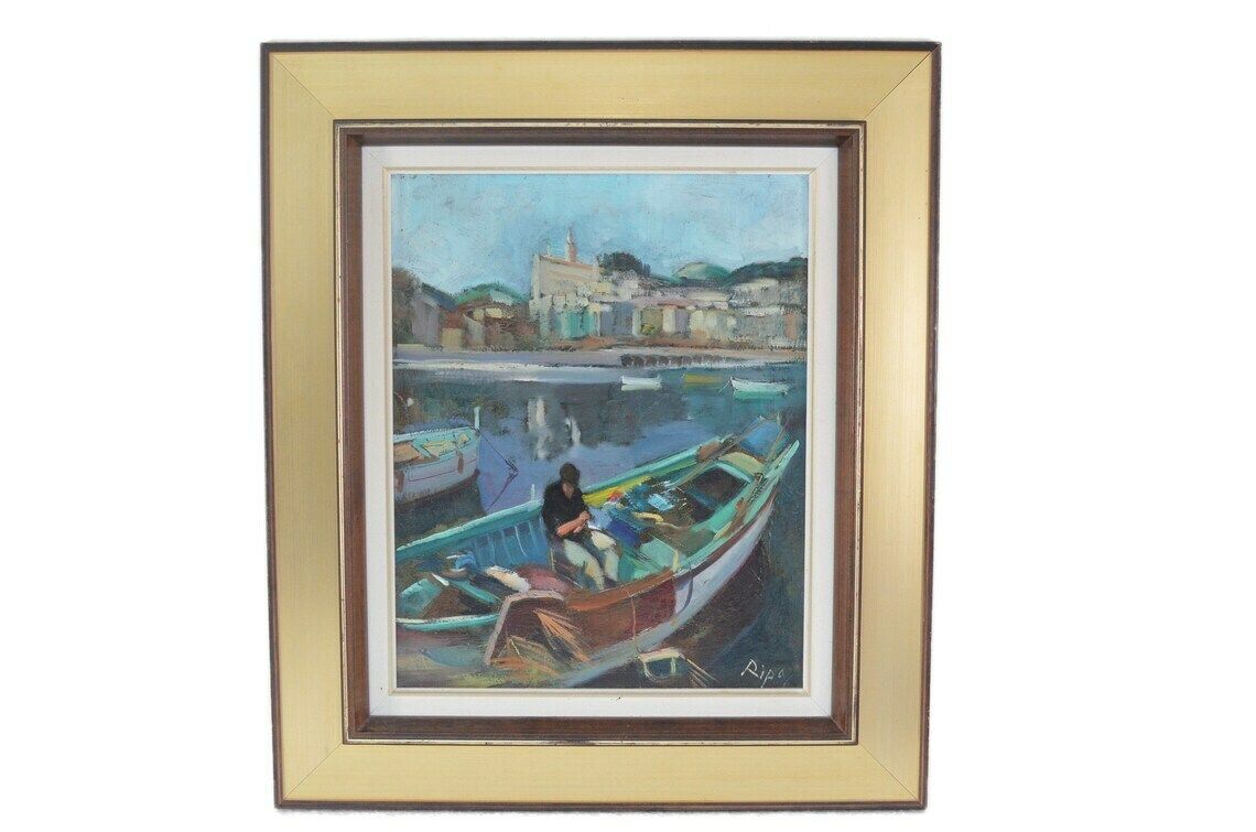Vintage Swedish Midcentury Semi Abstract Harbour Scene Oil Painting By Hans Ripa, 1970s photo furniture
