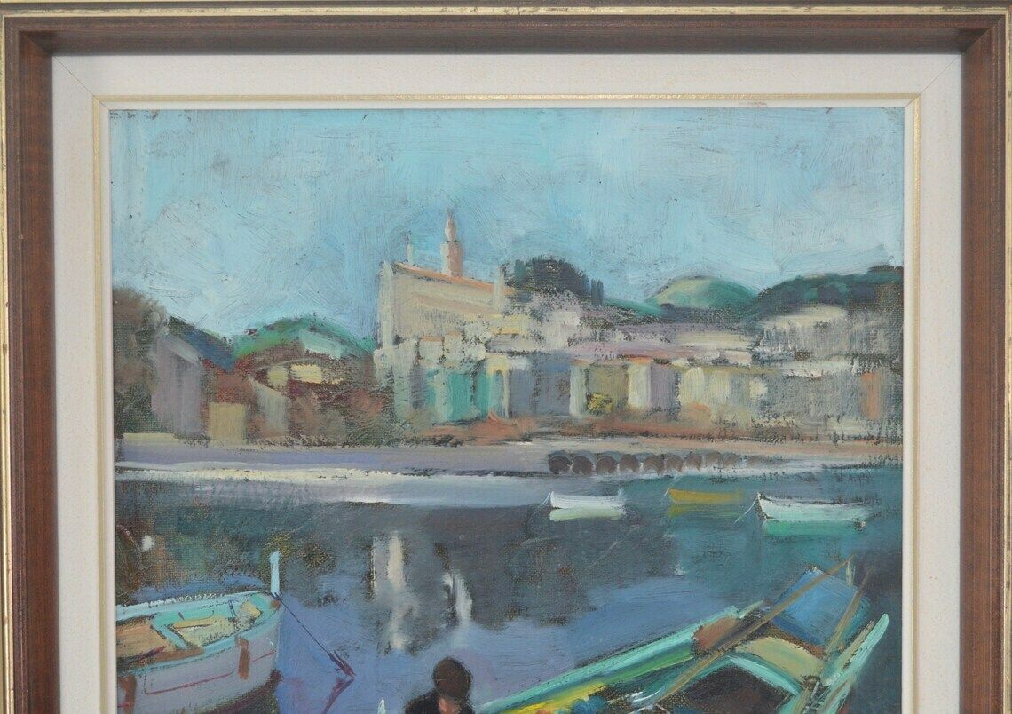 Vintage Swedish Midcentury Semi Abstract Harbour Scene Oil Painting By Hans Ripa, 1970s photo 336.0