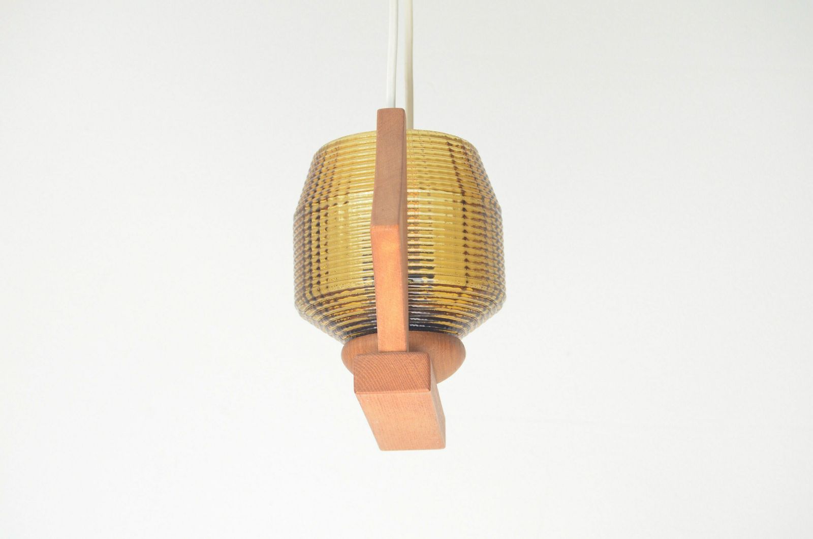 Vintage Midcentury Wood With Glass Hanging Lamp, Sweden 1960s photo vinterior