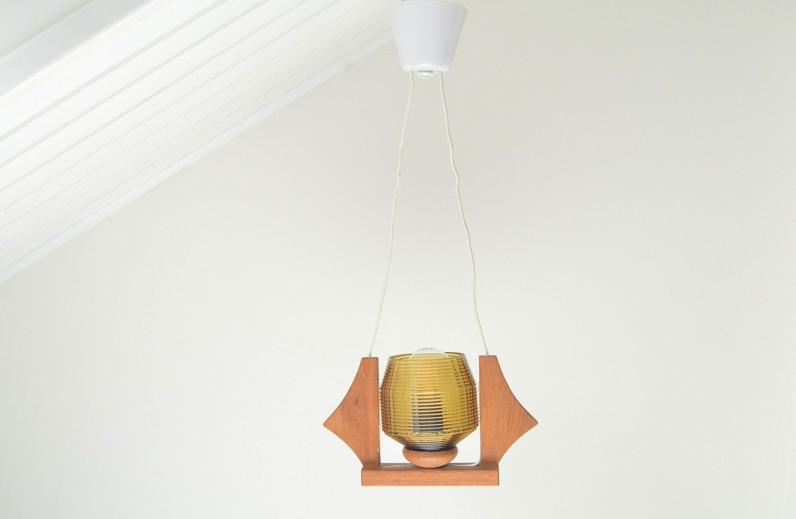 Vintage Midcentury Wood With Glass Hanging Lamp, Sweden 1960s photo vintage