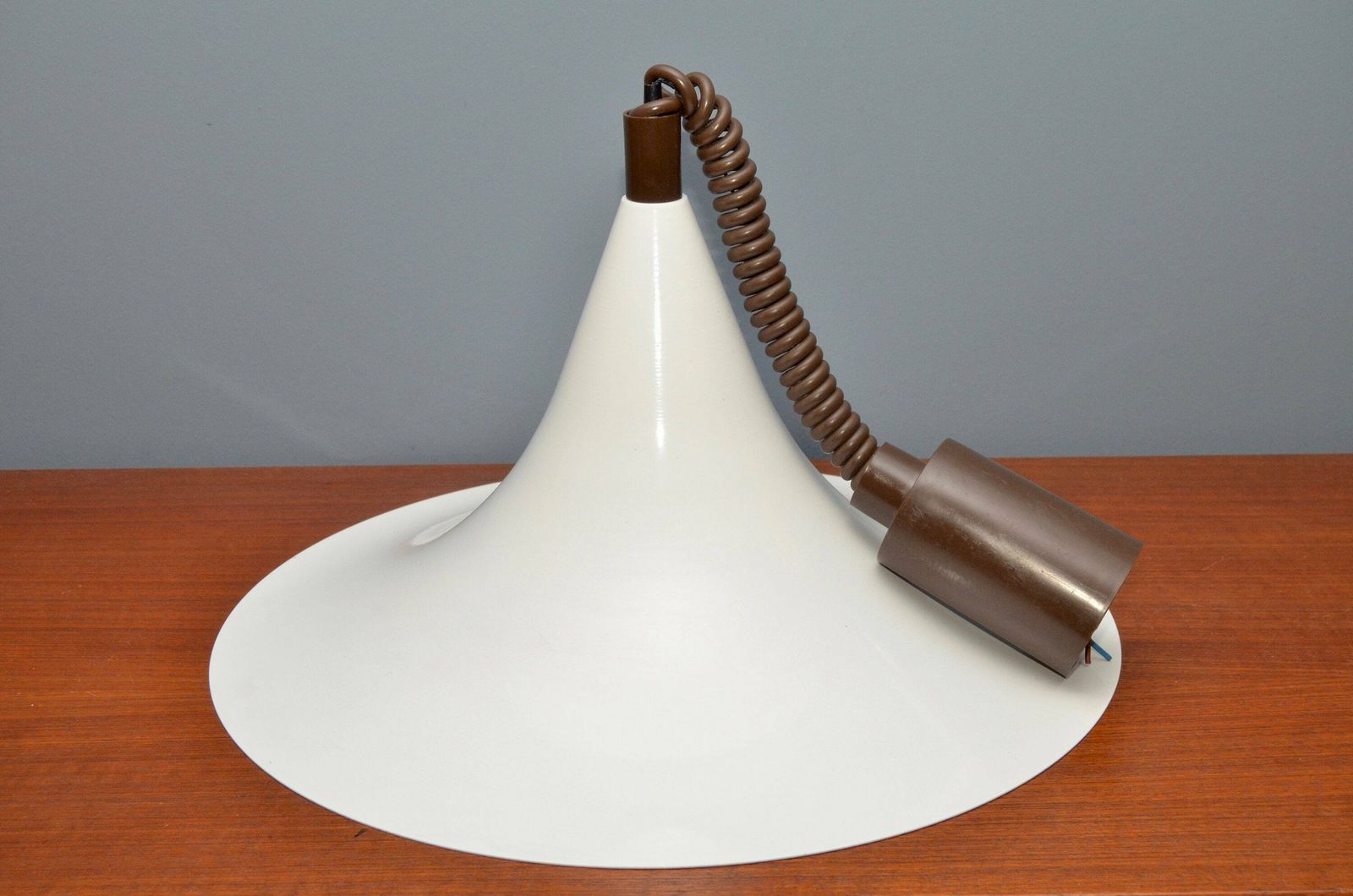 Vintage Metal Semi Pendant Lamp Attributed To Dijkstra Netherlands, Witch Hat Model, New Old Stock 1970s photo vinterior