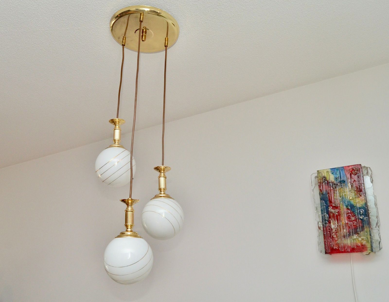 Midcentury Hanging Cascade Hanging Lamp By Massive Belgium With Gold Stripes, 1980s photo furniture