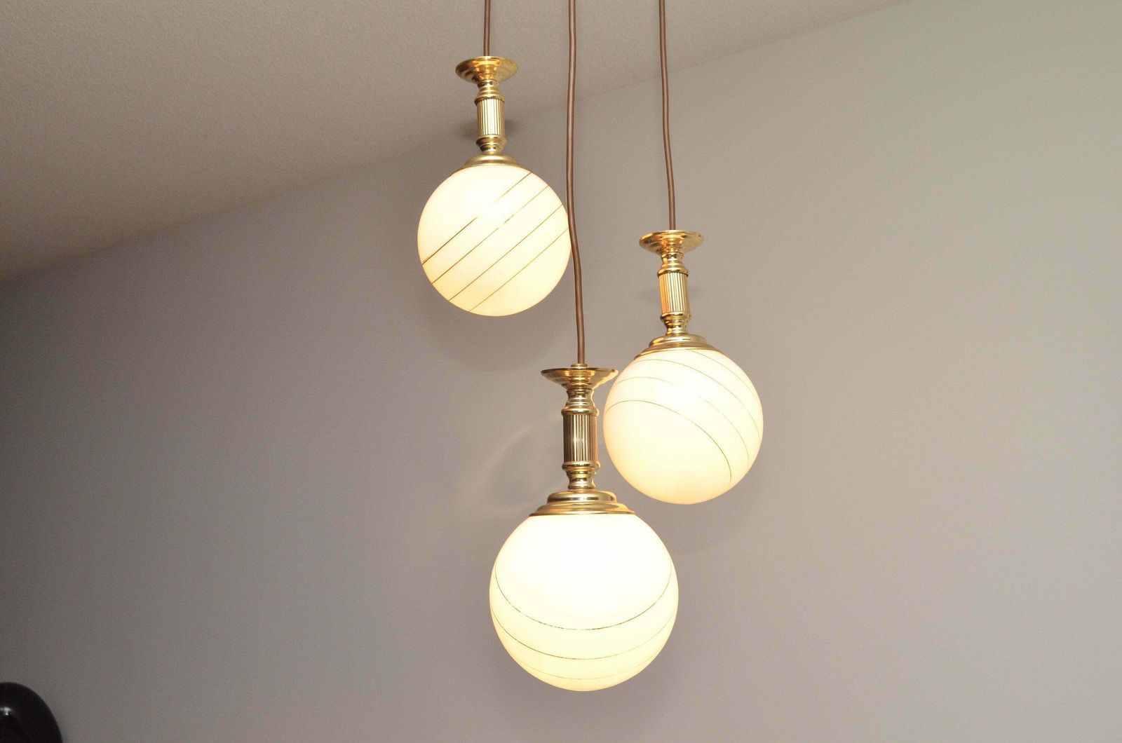 Midcentury Hanging Cascade Hanging Lamp By Massive Belgium With Gold Stripes, 1980s photo vinterior