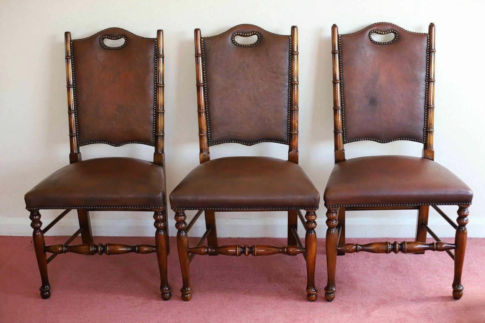Fine Set Of 8 Leather Bamboo Effect Dining Chairs Made By Theodore Alexander photo for sale