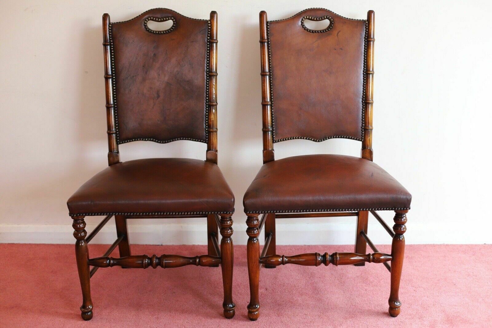 Fine Set Of 8 Leather Bamboo Effect Dining Chairs Made By Theodore Alexander photo Furniture