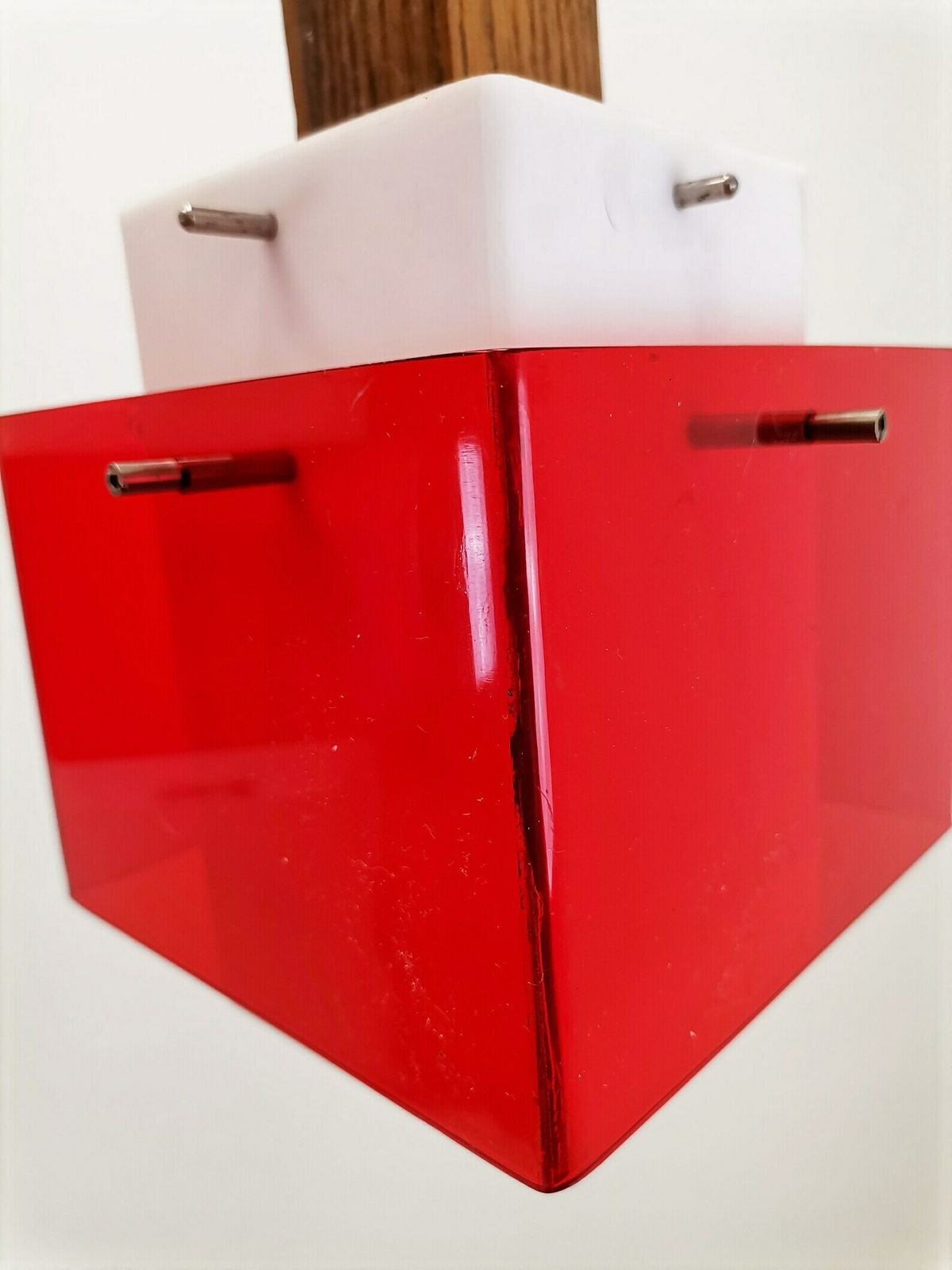 Harvey Guzzini 3 Cube Pendant Light / Midcentury Meblo Yugoslavia / Plexiglas, Wood And Metal Chandelier / Space Age Geometric Hanging Light photo vintage