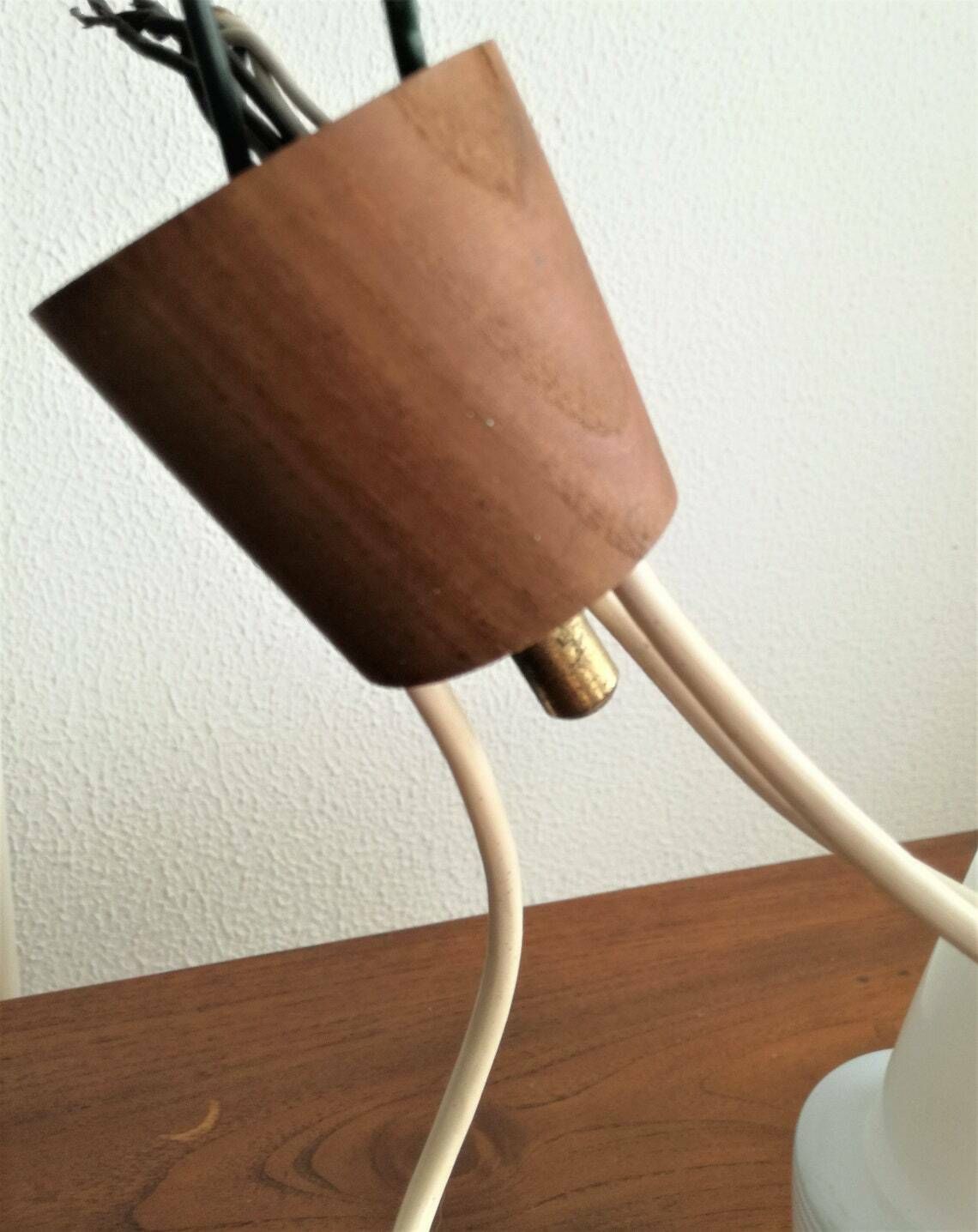 Vintage Mid Century Pendant Light / Opaline Glass Cylinders And Wooden Triangle / 60s Home Decor photo for sale