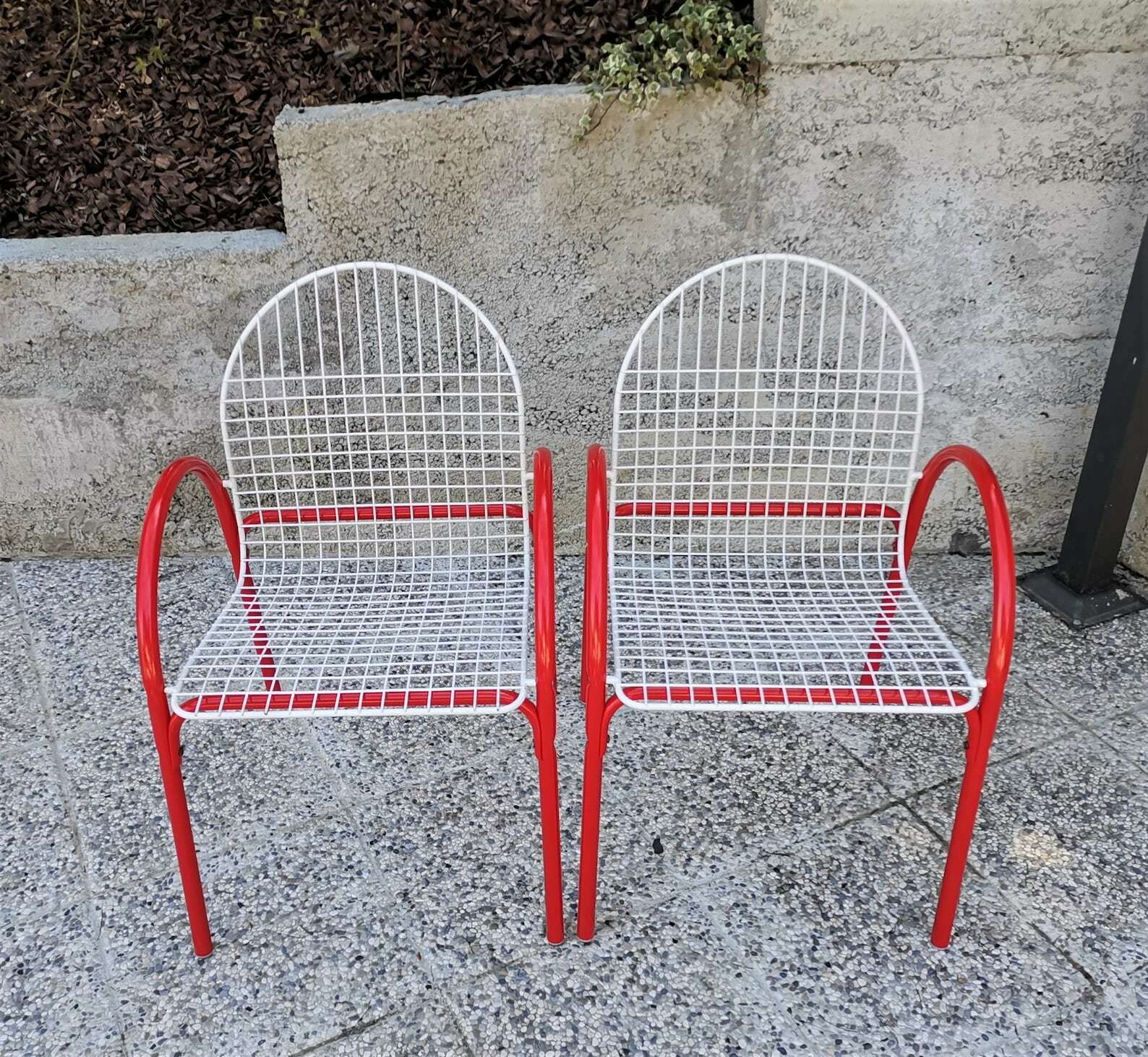 photo furniture 1 Of 4 Red & White Metal Garden Chairs / Pop Art Memphis Design / Memphis Style Chair / 70s Yugoslavia