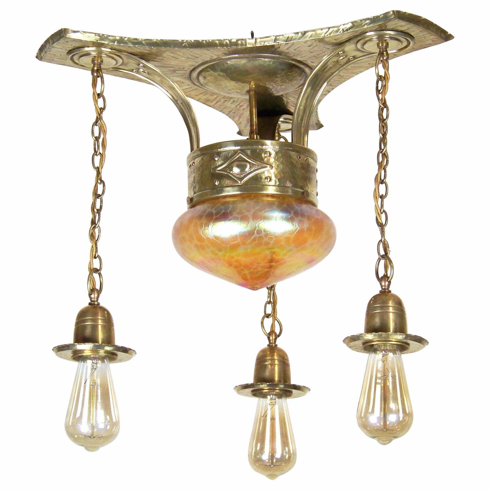 Art Nouveau Chandelier, Ceiling Lamp, With Iridescent Glass, Loetz
