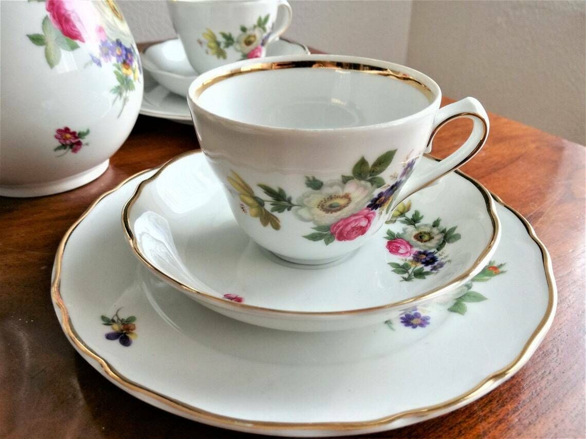 Coffee Or Tea Set  Porcelain With Floral Motif  Tirschenreuth Bavaria  German Porcelain