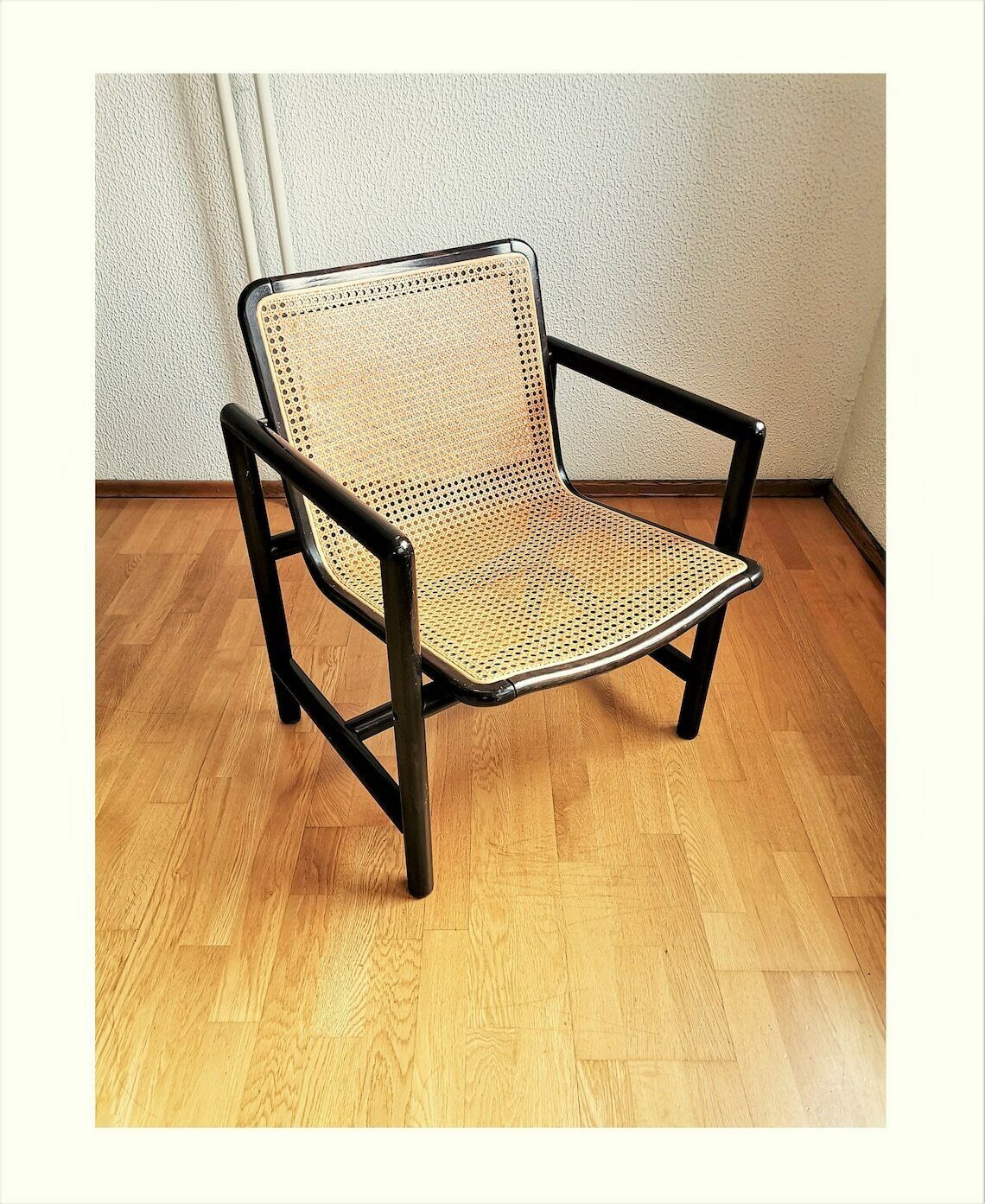 Modern Cane Lounge Chair / Branko Uršič For Stol Kamnik / 1980s Yugoslavia Wood And Cane Net Armchair