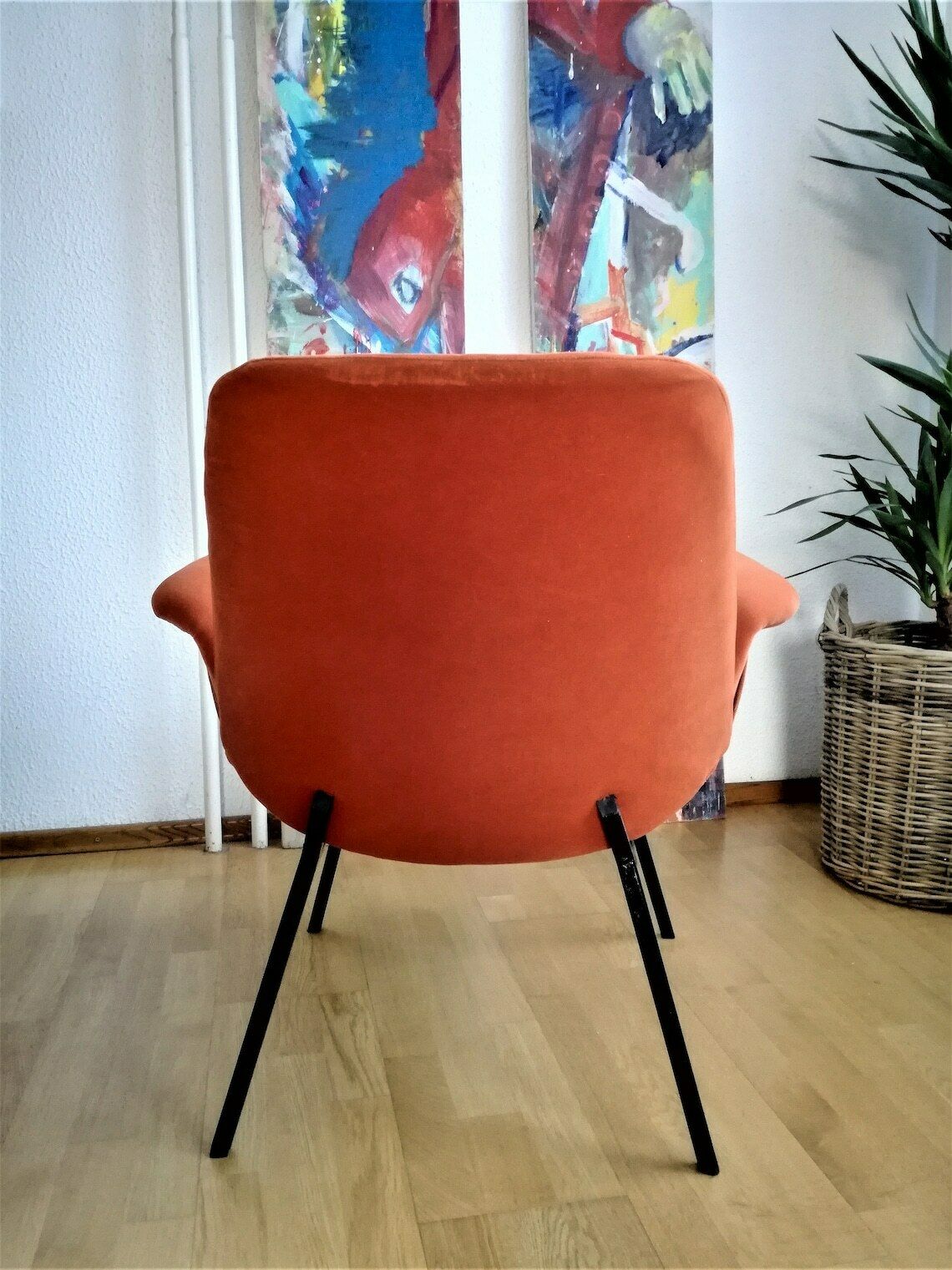 Vintage Mid Century Modern Armchair  Alvin Lustig Style  Soft Orange Fabric  Lounge Chair Angular Metal Frame  1950s Design photo for sale