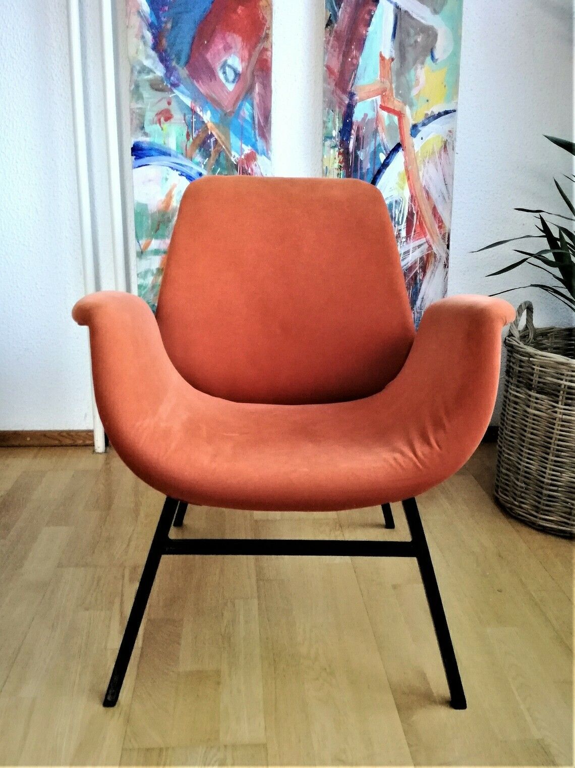 Vintage Mid Century Modern Armchair  Alvin Lustig Style  Soft Orange Fabric  Lounge Chair Angular Metal Frame  1950s Design photo vintage