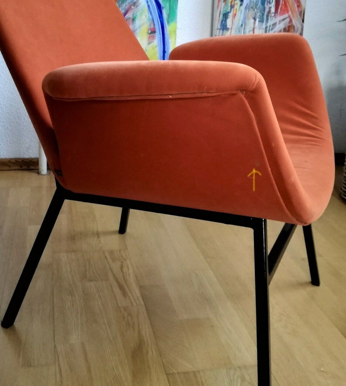 photo for sale Vintage Mid Century Modern Armchair  Alvin Lustig Style  Soft Orange Fabric  Lounge Chair Angular Metal Frame  1950s Design
