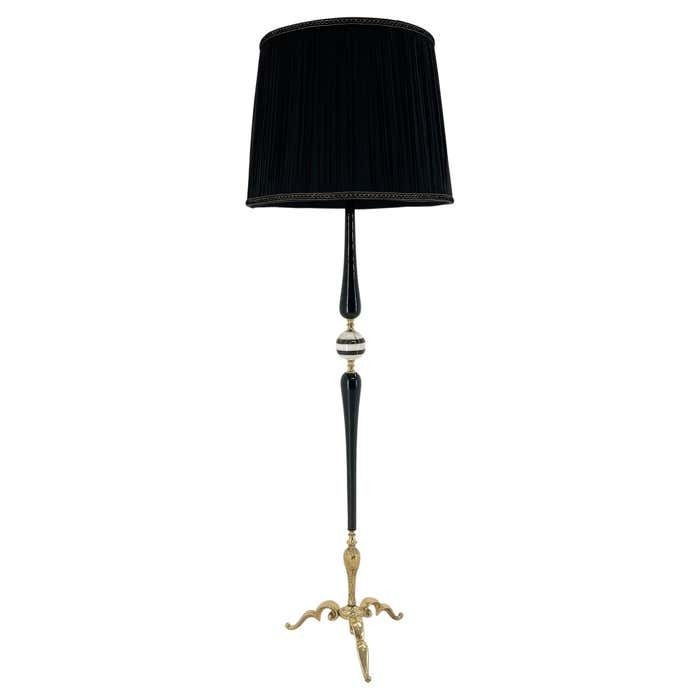 Mid Century Brass, Onyx & Ebonized Wood Floor Lamp, Italy