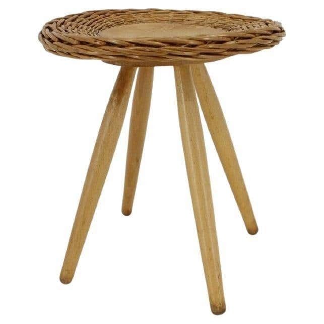1970 Jan Kalous Beech An Rattan Side Table By Uluv, Czechoslovakia
