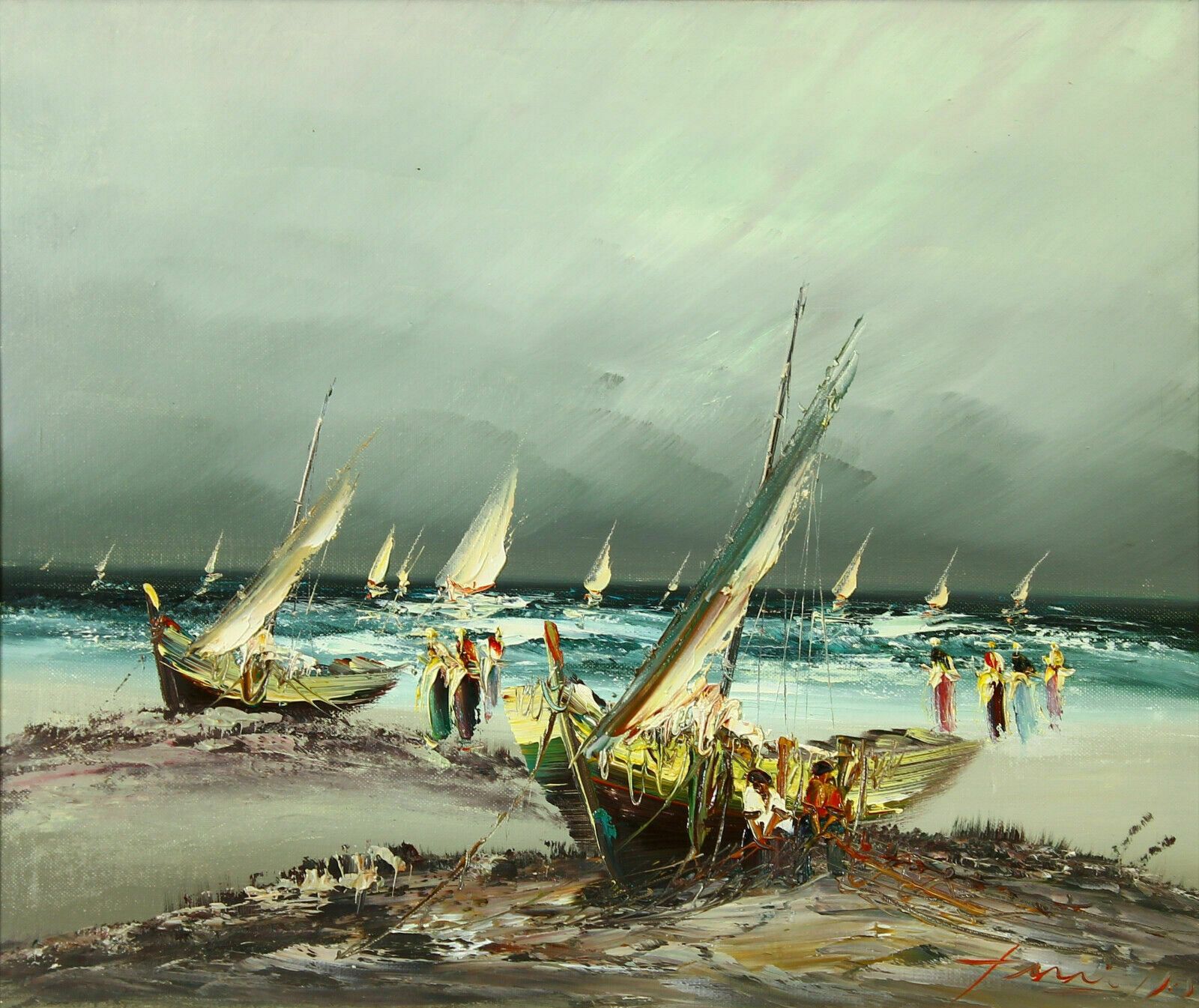 Impasto Style Oil Painting Of Mediterranean Fishing Boats photo furniture