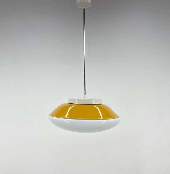 Mid Century Milk Glass & Metal 'Ufo' Pendant Czechoslovakia photo furniture