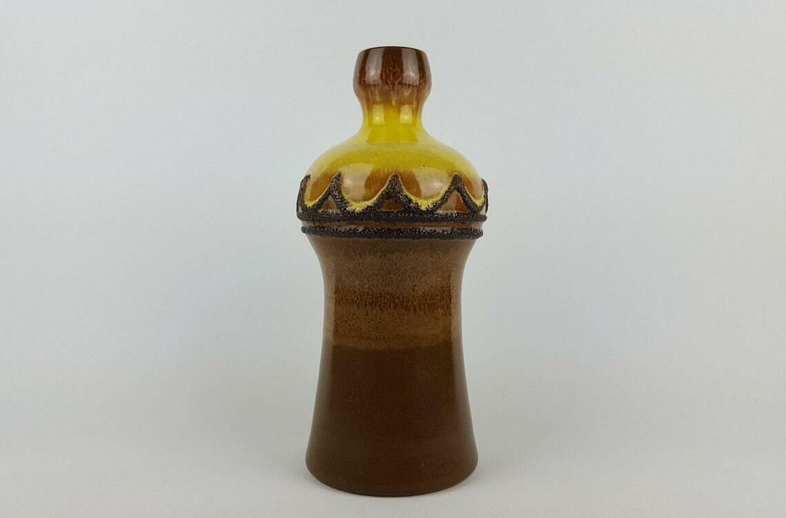 Vintage Brown Yellow Veb Strehla Vase, East German Pottery 60 70s