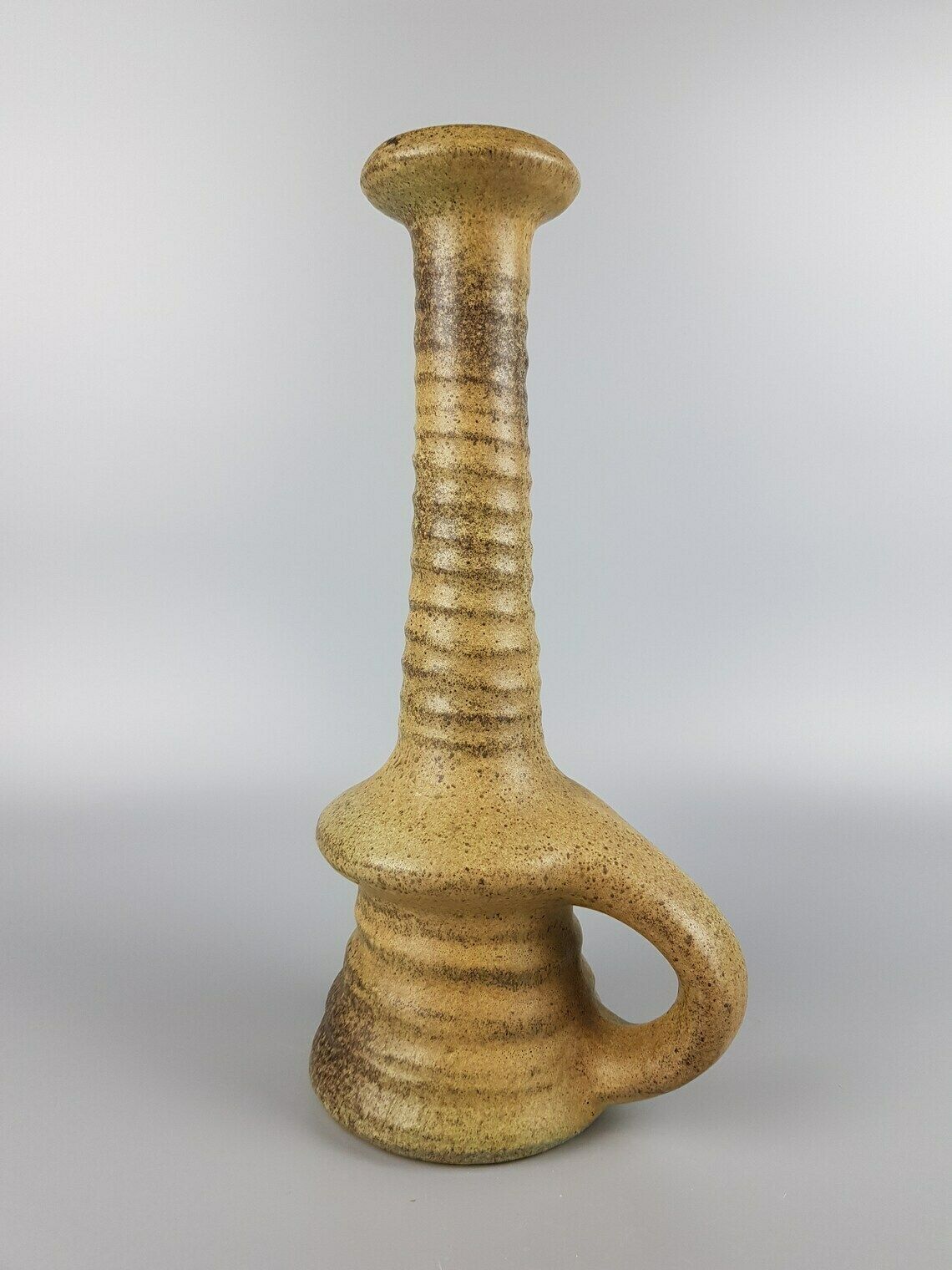 Vintage Vest Keramiek Greenish Beige Brown Handled Vase Dutch Pottery K13 1960 70s photo for sale