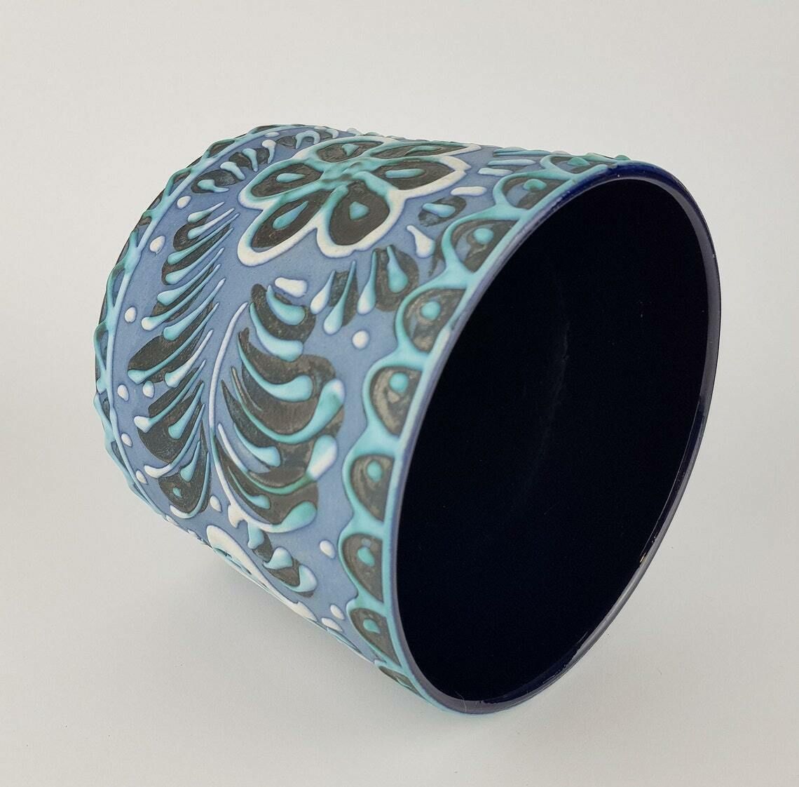 Vintage Marei Keramik Blue Hand Painted Planter Flower Pot West German Pottery 1960s photo for sale
