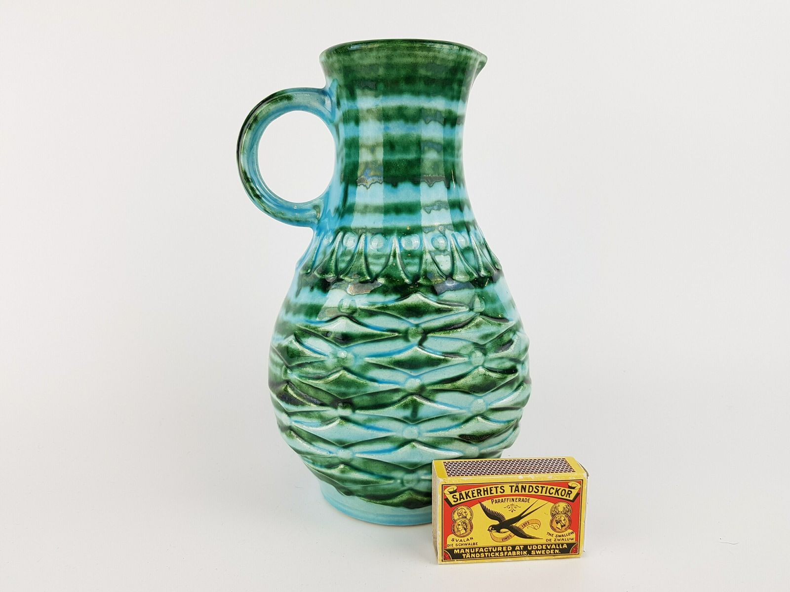 Vintage Ubelacker (U Keramik) Green And Blue Pitcher Handled Vase 1651/20 West German Pottery 1970s photo furniture