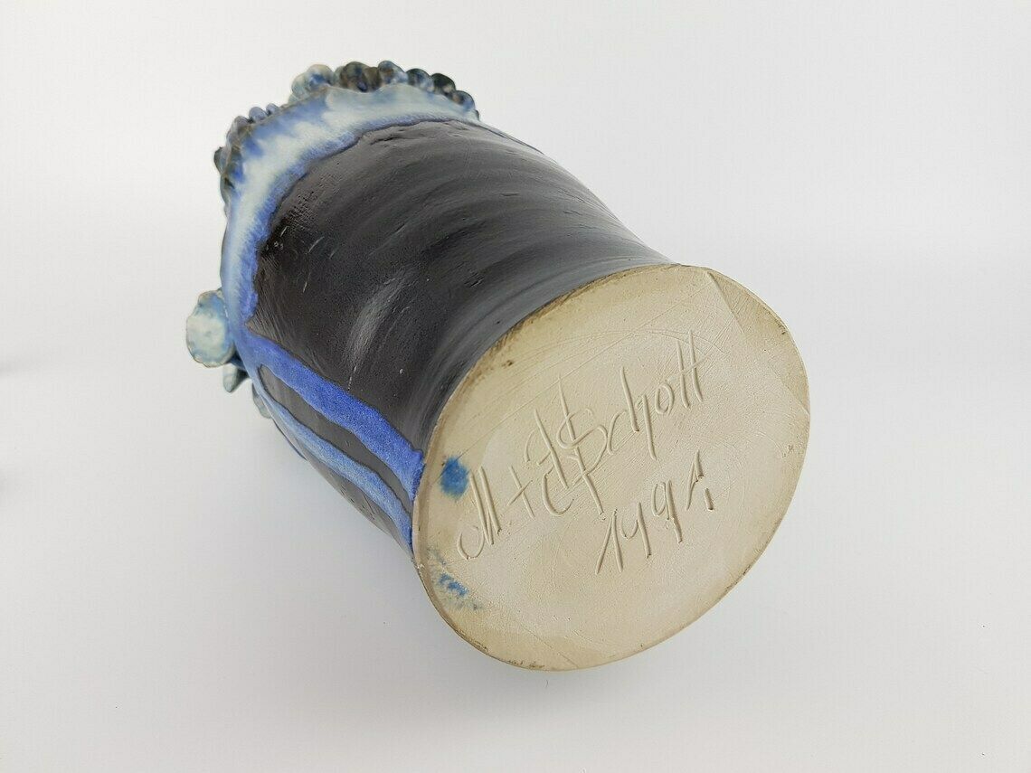 Vintage Stylish Studio Art Pottery Blue 'Mushroom" Vase From Töpferei Maria & Werner Schott Petershagen West Germany 1960s photo buy