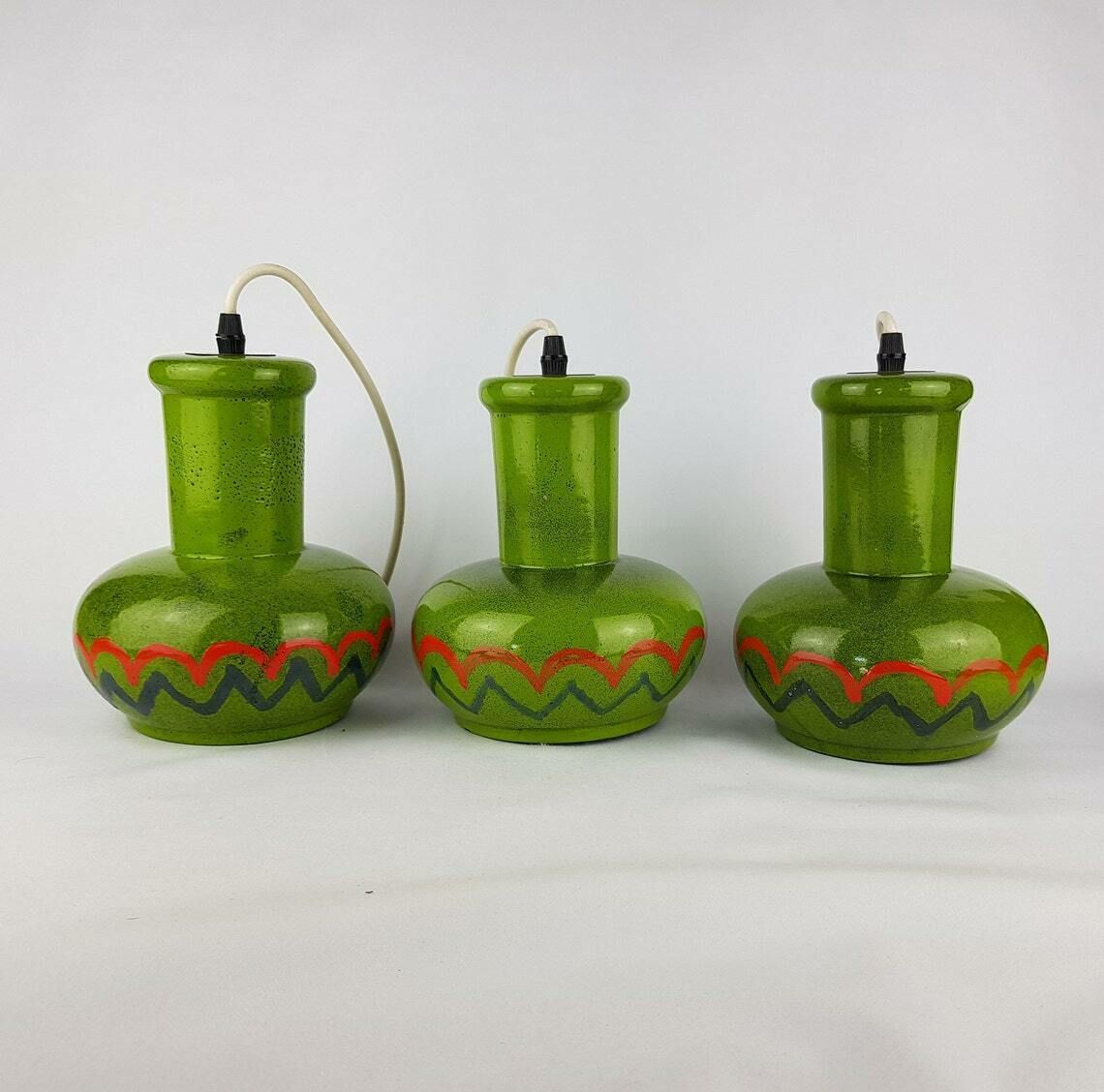 Set Of 3 Green Vintage West German Pottery Hanging Lamps 1970s Retro