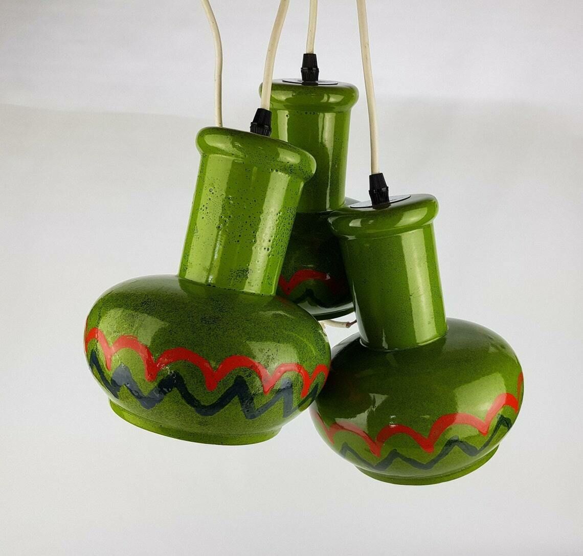 Set Of 3 Green Vintage West German Pottery Hanging Lamps 1970s Retro photo furniture