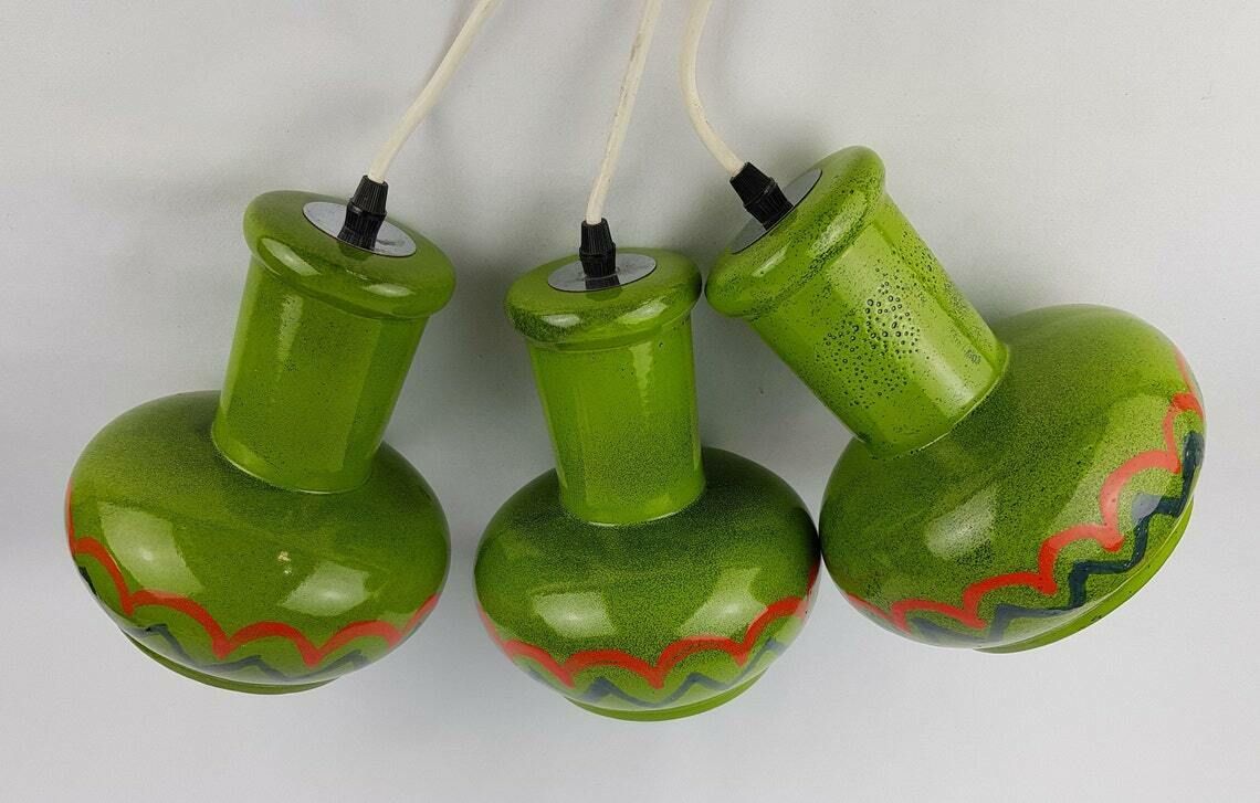 Set Of 3 Green Vintage West German Pottery Hanging Lamps 1970s Retro photo Lighting