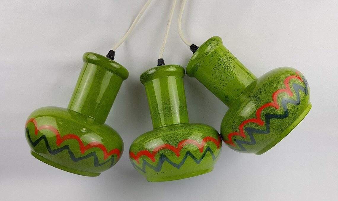 Set Of 3 Green Vintage West German Pottery Hanging Lamps 1970s Retro photo 214.0