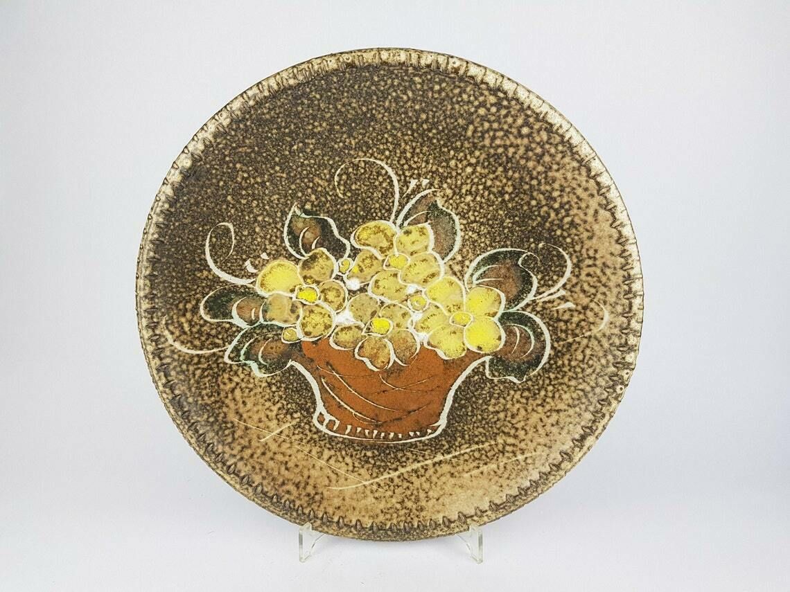 Vintage Langerwehe Keramik Wandplaquette Studio Aardewerk Met Bloemenmandmotief, Jaren 1970