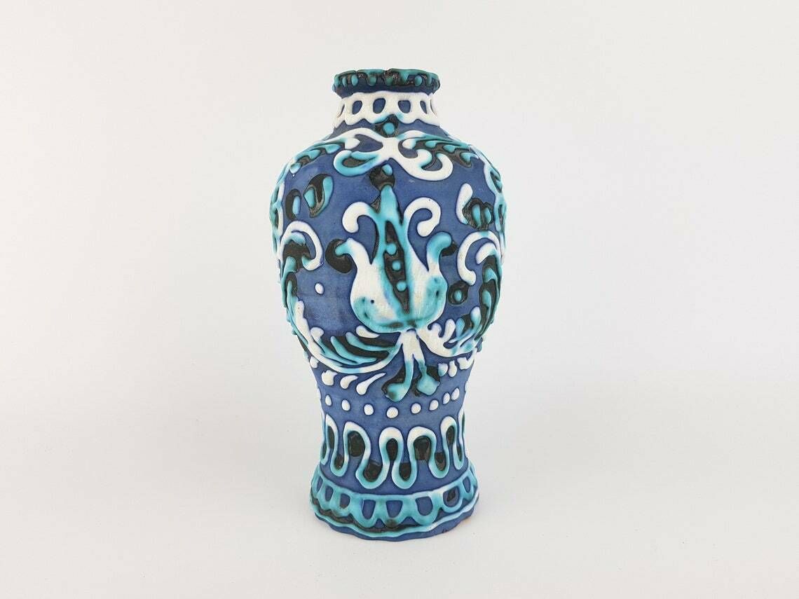 Vintage Marei Keramik Blauw Handgeschilderd Vaas 1100 West Duits Aardewerk Jaren 1960