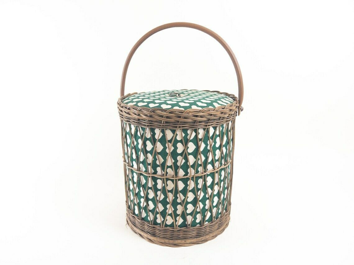 Round Green Wicker Sewing Basket With Heart Motif   Knitting Basket   Yarn Basket   Mid Century Decor