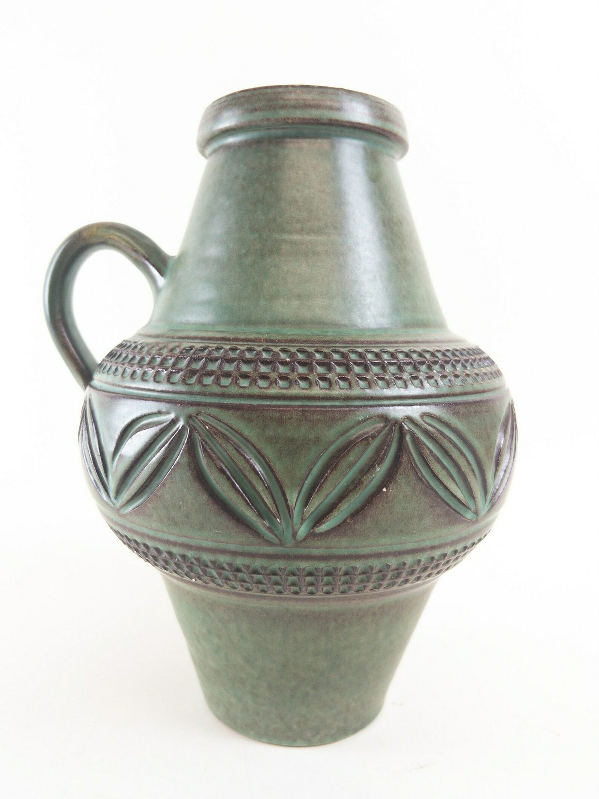 West German Pottery   Knödgen Edelkeramik Ilkra Ceramic Vase With Handle   Jade Green Handmade Heavy Vase photo for sale
