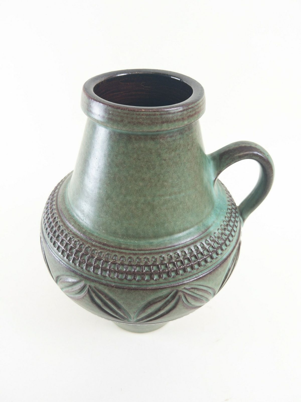 West German Pottery   Knödgen Edelkeramik Ilkra Ceramic Vase With Handle   Jade Green Handmade Heavy Vase photo vinterior