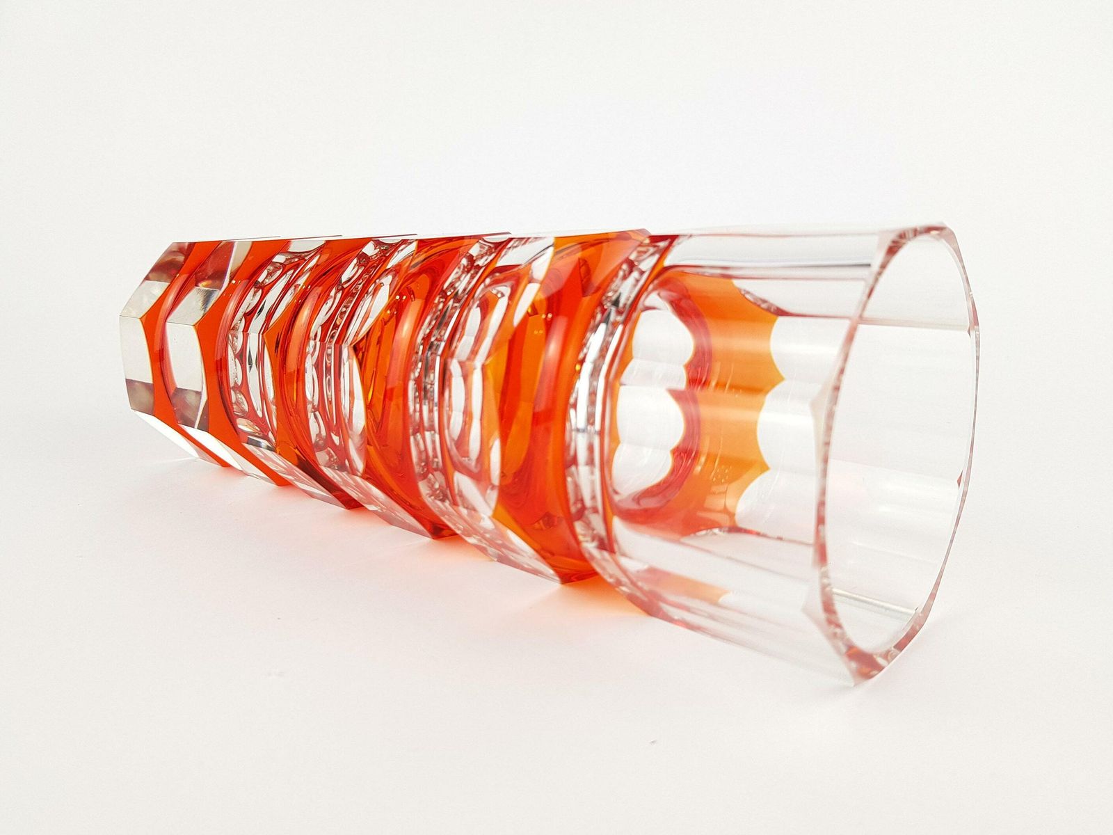 Vintage Stunning Red Veb Glaswerke Schmiedefeld By Oldrich Lipsky Octagonal Facetted Crystal Glass Exbor Vase 1960s 1970s photo for sale