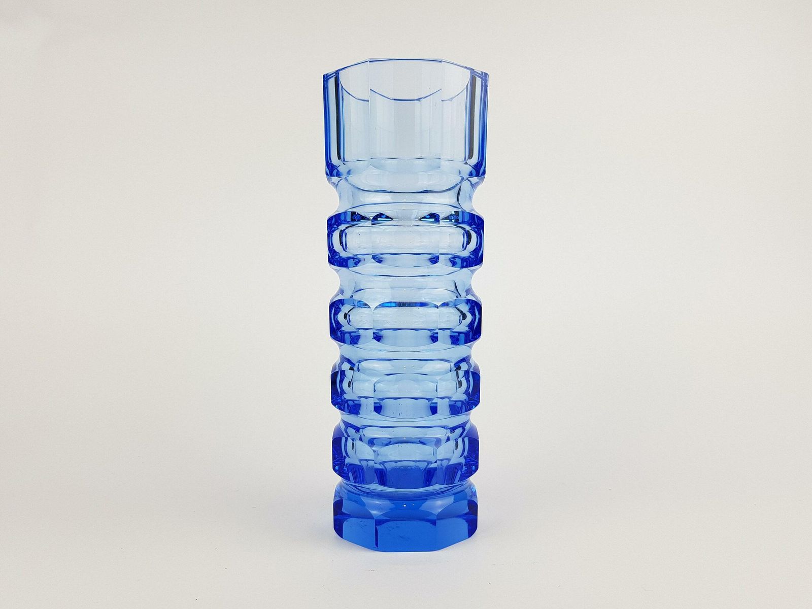Vintage Stunning Blue Veb Glaswerke Schmiedefeld By Oldrich Lipsky Octagonal Facetted Crystal Glass Exbor Vase 1960s 1970s